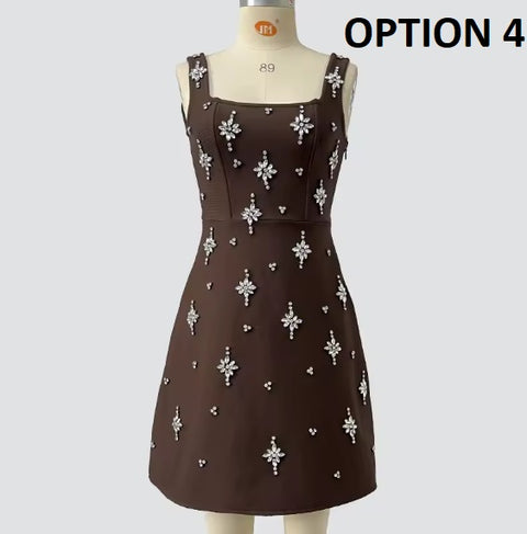 New Spaghetti Strap rosette Hand-sewn Rhinestones A-line dress CODE: KAR4991