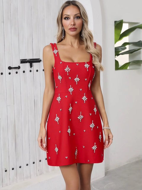 New Spaghetti Strap rosette Hand-sewn Rhinestones A-line dress CODE: KAR4991