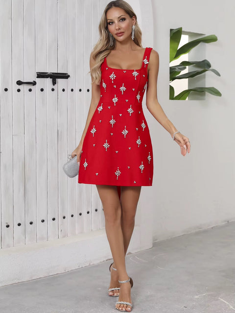 New Spaghetti Strap rosette Hand-sewn Rhinestones A-line dress CODE: KAR4991