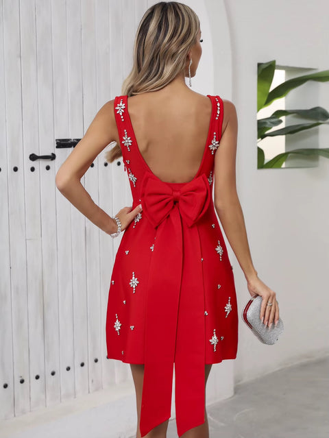New Spaghetti Strap rosette Hand-sewn Rhinestones A-line dress CODE: KAR4991