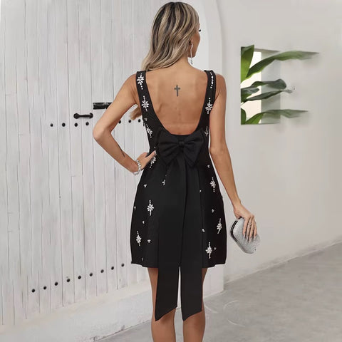 New Spaghetti Strap rosette Hand-sewn Rhinestones A-line dress CODE: KAR4991