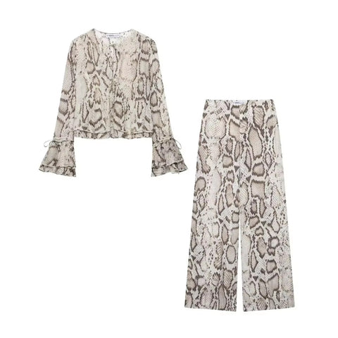 New Snake Skin Print Ruffles Loose Chic Chemise Tops and Wide Pent CODE: KAR4995