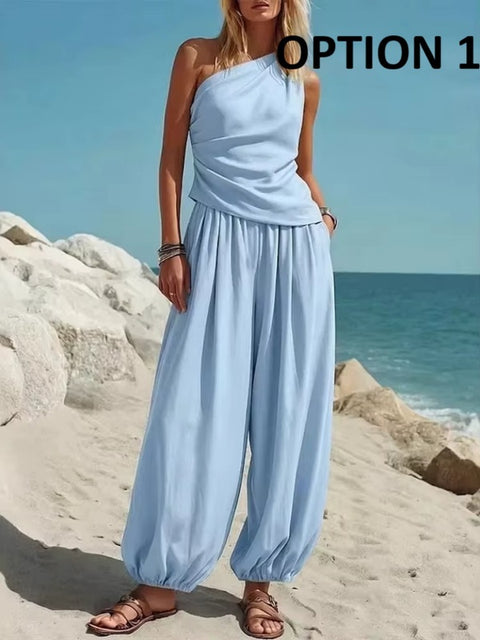 New Slanted Collar Sleeveless Casual 2 Piece Set CODE: KAR5003