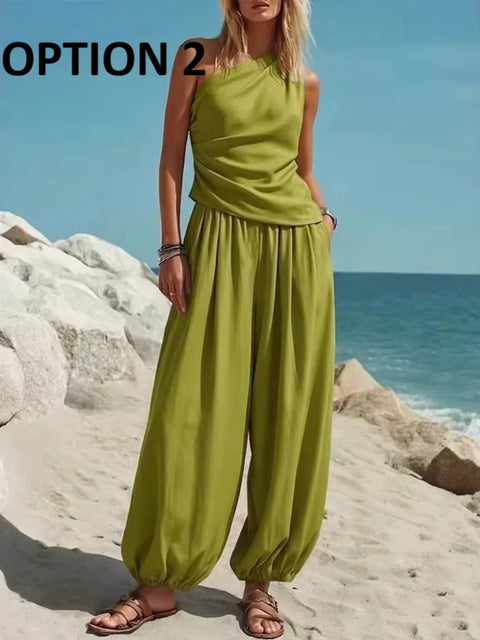 New Slanted Collar Sleeveless Casual 2 Piece Set CODE: KAR5003