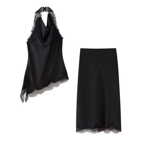 New  Fashion Halter Neck Lace Sleeveless Backless Top+Midi Set CODE: KAR5011