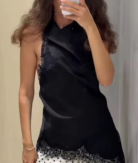 New  Fashion Halter Neck Lace Sleeveless Backless Top+Midi Set CODE: KAR5011
