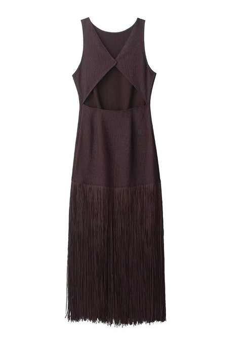 New Round Neck Sleeveless Fringe High Slit Bodycon Dress CODE: KAR5034