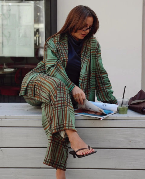 New Casual Loose Lapel Collar Plaid Shirt High-waisted Wide-leg Pants Sets CODE: KAR5036