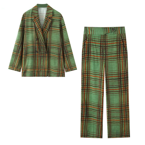 New Casual Loose Lapel Collar Plaid Shirt High-waisted Wide-leg Pants Sets CODE: KAR5036