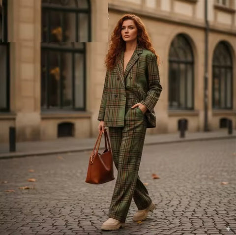 New Casual Loose Lapel Collar Plaid Shirt High-waisted Wide-leg Pants Sets CODE: KAR5036