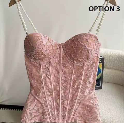 New Fashion Elegant Pearls Chain Lace Floral Slim Fishbone Camisole Top CODE: KAR5042