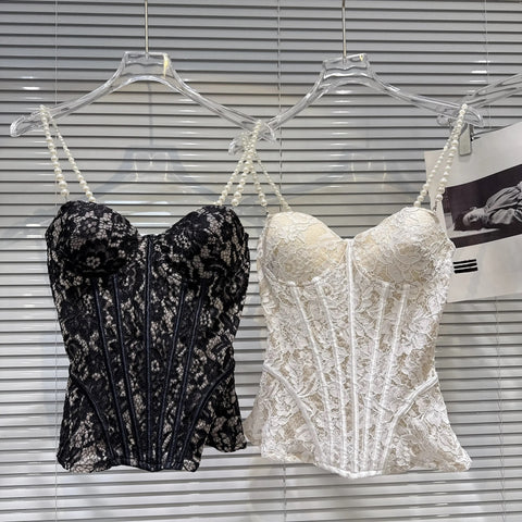 New Fashion Elegant Pearls Chain Lace Floral Slim Fishbone Camisole Top CODE: KAR5042