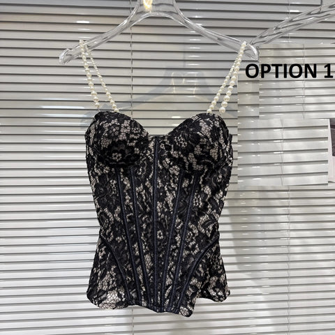 New Fashion Elegant Pearls Chain Lace Floral Slim Fishbone Camisole Top CODE: KAR5042