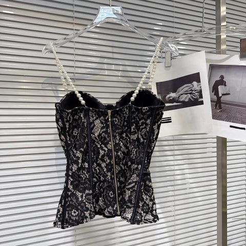New Fashion Elegant Pearls Chain Lace Floral Slim Fishbone Camisole Top CODE: KAR5042