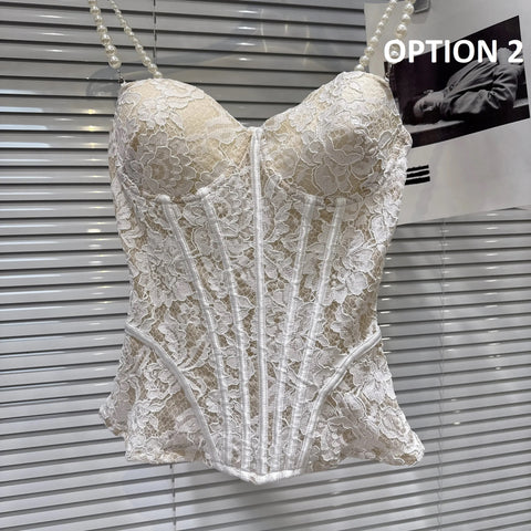 New Fashion Elegant Pearls Chain Lace Floral Slim Fishbone Camisole Top CODE: KAR5042