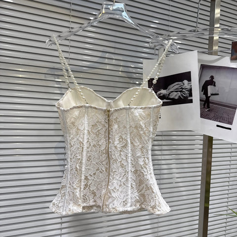 New Fashion Elegant Pearls Chain Lace Floral Slim Fishbone Camisole Top CODE: KAR5042