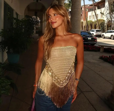 New Off Shoulder Strapless Fringe Patchwork Short Tank Top CODE: KAR5044