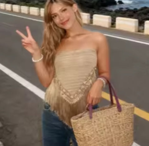 New Off Shoulder Strapless Fringe Patchwork Short Tank Top CODE: KAR5044