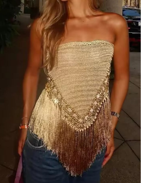New Off Shoulder Strapless Fringe Patchwork Short Tank Top CODE: KAR5044