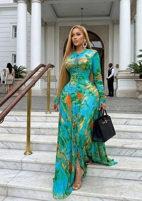 New Round Neck Floral Print Pleated Long Maxi Dress CODE: KAR5045