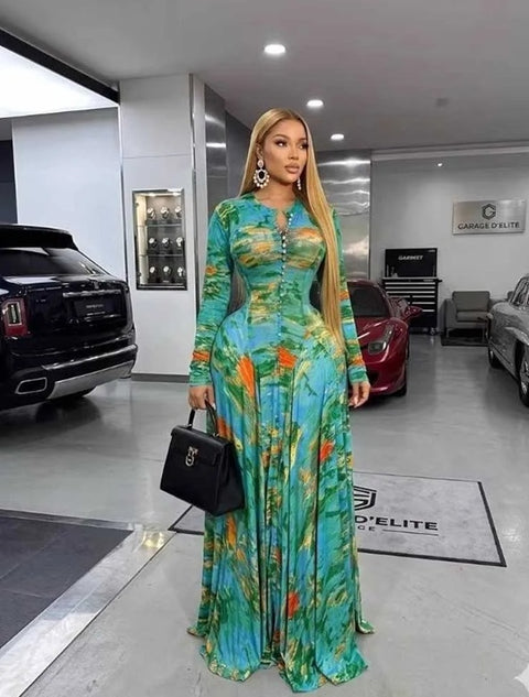 New Round Neck Floral Print Pleated Long Maxi Dress CODE: KAR5045