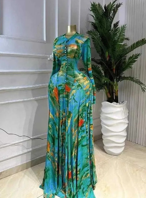 New Round Neck Floral Print Pleated Long Maxi Dress CODE: KAR5045