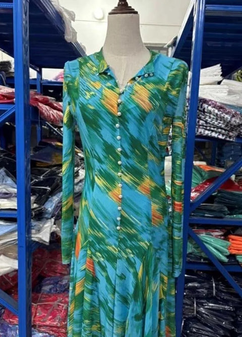 New Round Neck Floral Print Pleated Long Maxi Dress CODE: KAR5045