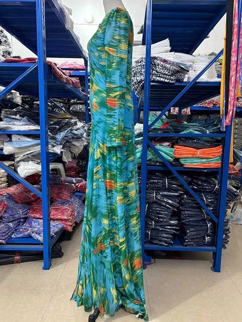 New Round Neck Floral Print Pleated Long Maxi Dress CODE: KAR5045