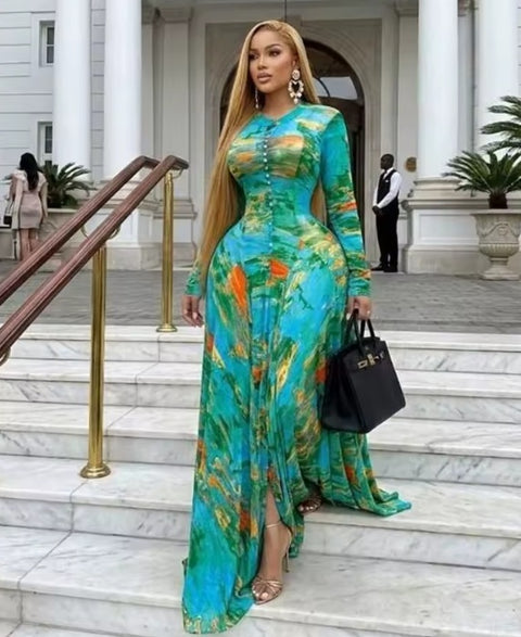 New Round Neck Floral Print Pleated Long Maxi Dress CODE: KAR5045