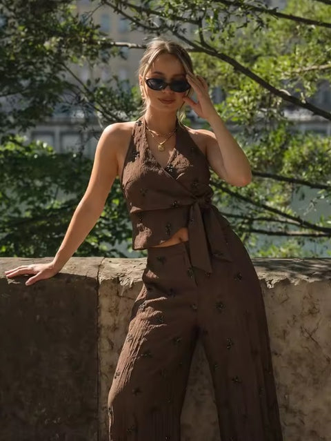 New Sequin Floral Print Halter Wrap Top Wide Leg Pants Sets CODE: KAR5047