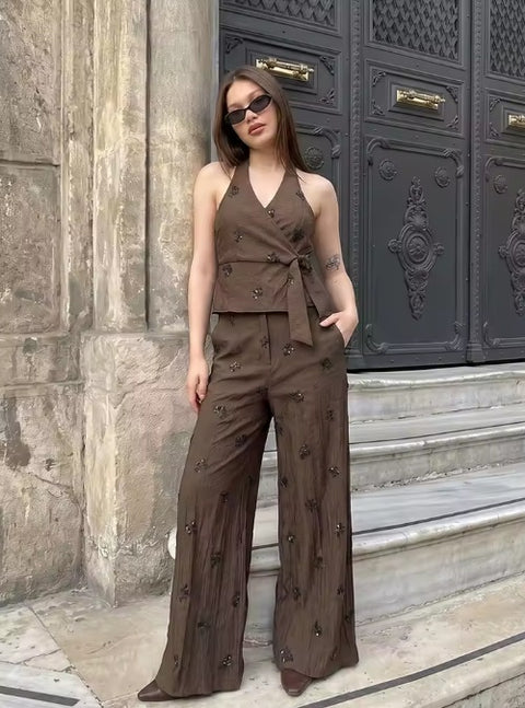 New Sequin Floral Print Halter Wrap Top Wide Leg Pants Sets CODE: KAR5047