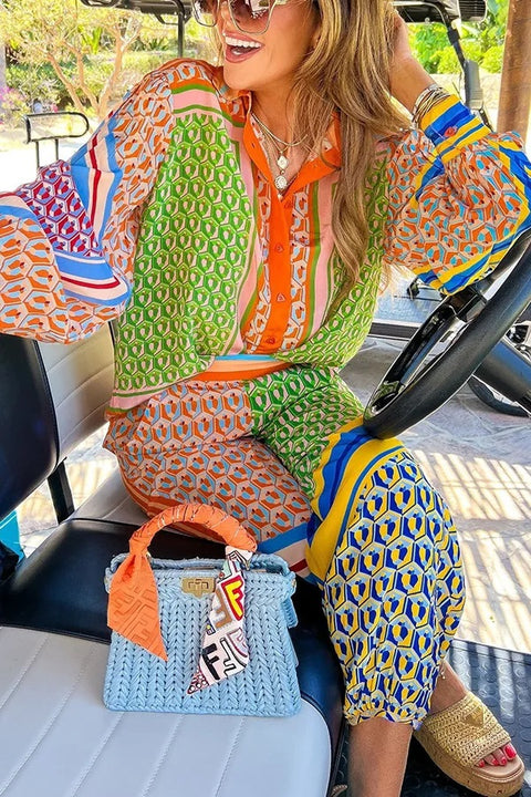 New Fashion Casual Printed Shirt And High Waist Pant Set CODE: KAR5051
