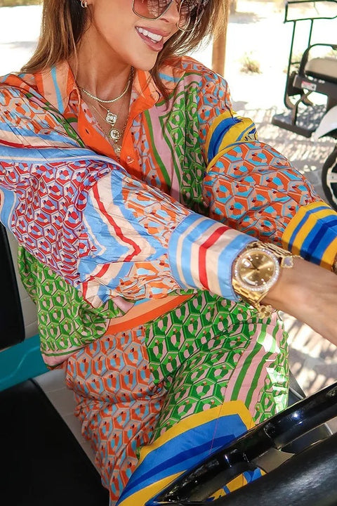 New Fashion Casual Printed Shirt And High Waist Pant Set CODE: KAR5051