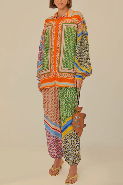 New Fashion Casual Printed Shirt And High Waist Pant Set CODE: KAR5051
