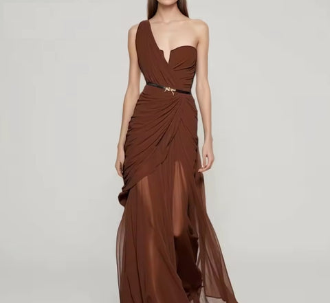 New Diagonal Collar Sleeveless Patchwork Folds Irregular Dress CODE: KAR5067