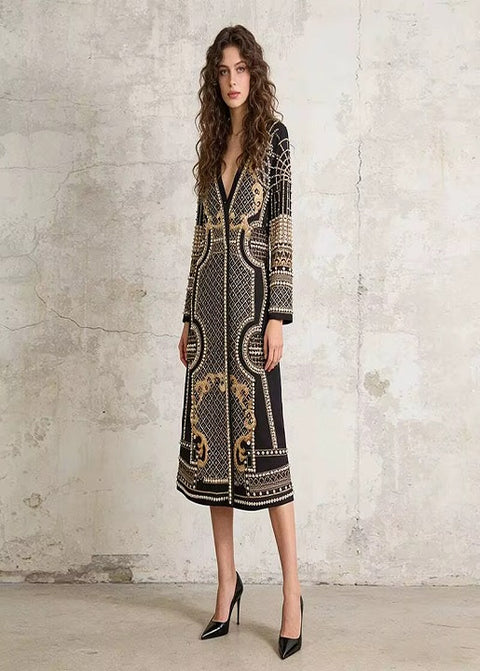New Fashion Beaded Print V-neck Long Trench Coat Dress CODE: KAR5072