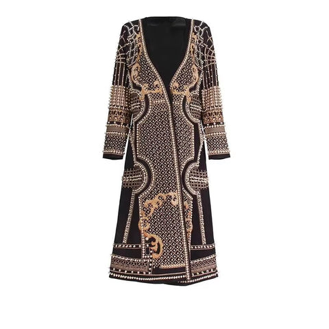 New Fashion Beaded Print V-neck Long Trench Coat Dress CODE: KAR5072