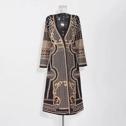 New Fashion Beaded Print V-neck Long Trench Coat Dress CODE: KAR5072