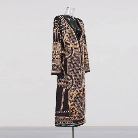 New Fashion Beaded Print V-neck Long Trench Coat Dress CODE: KAR5072