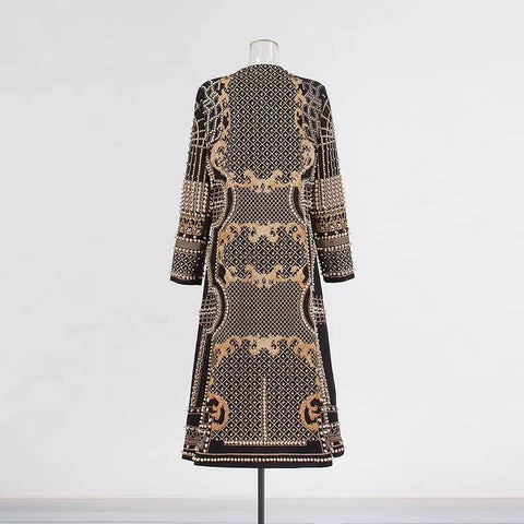 New Fashion Beaded Print V-neck Long Trench Coat Dress CODE: KAR5072