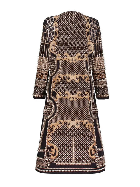 New Fashion Beaded Print V-neck Long Trench Coat Dress CODE: KAR5072
