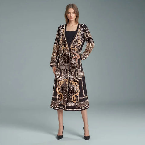 New Fashion Beaded Print V-neck Long Trench Coat Dress CODE: KAR5072