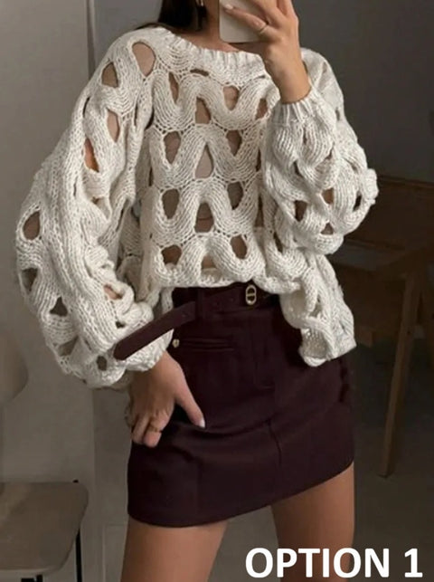 New Sexy Hollow Long Sleeve Knitted Casual Pullover Loose Top CODE: KAR5076