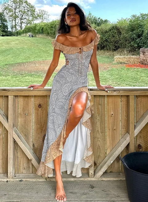 New Off-Shoulder Sexy Print Spaghetti Strap Long Dress CODE: KAR5081
