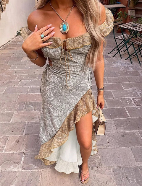 New Off-Shoulder Sexy Print Spaghetti Strap Long Dress CODE: KAR5081