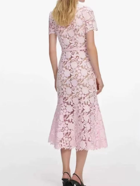 New Fashion Elegant Lace Lapel Short Sleeved Slim Fit Dress CODE: KAR5087