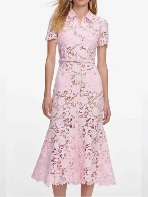 New Fashion Elegant Lace Lapel Short Sleeved Slim Fit Dress CODE: KAR5087