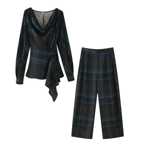 V-Neck Plaid Draped Top High-Waisted Trousers Two Piece Set CODE: KAR5115