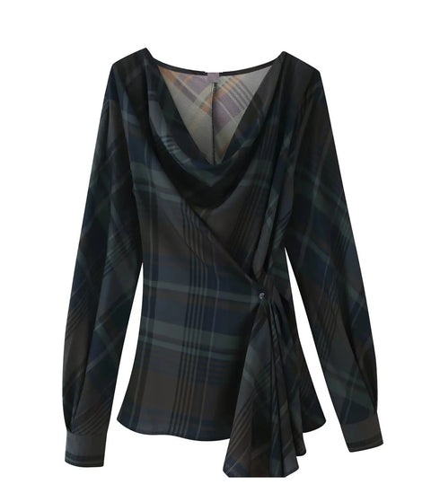 V-Neck Plaid Draped Top High-Waisted Trousers Two Piece Set CODE: KAR5115