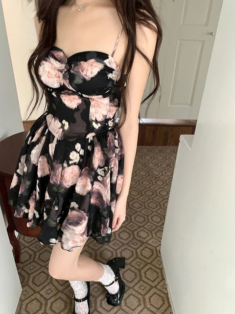 Sexy Flowers Printing Black Strapless Off Shoulder A-Line Slim Mini Dress CODE: KAR5119